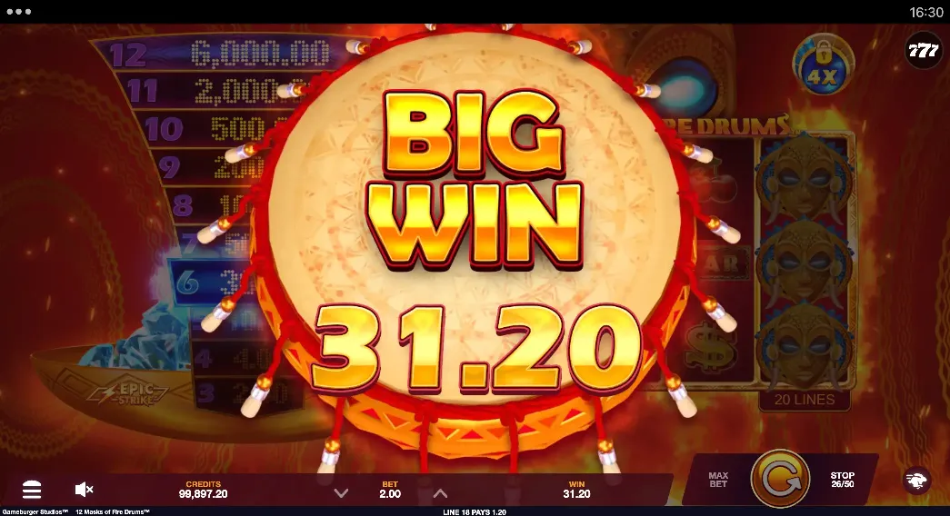 12 Masks of Fire Drums Big Win